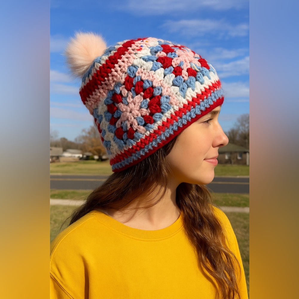 Handmade crochet granny square slouchy beanie pom pom hat